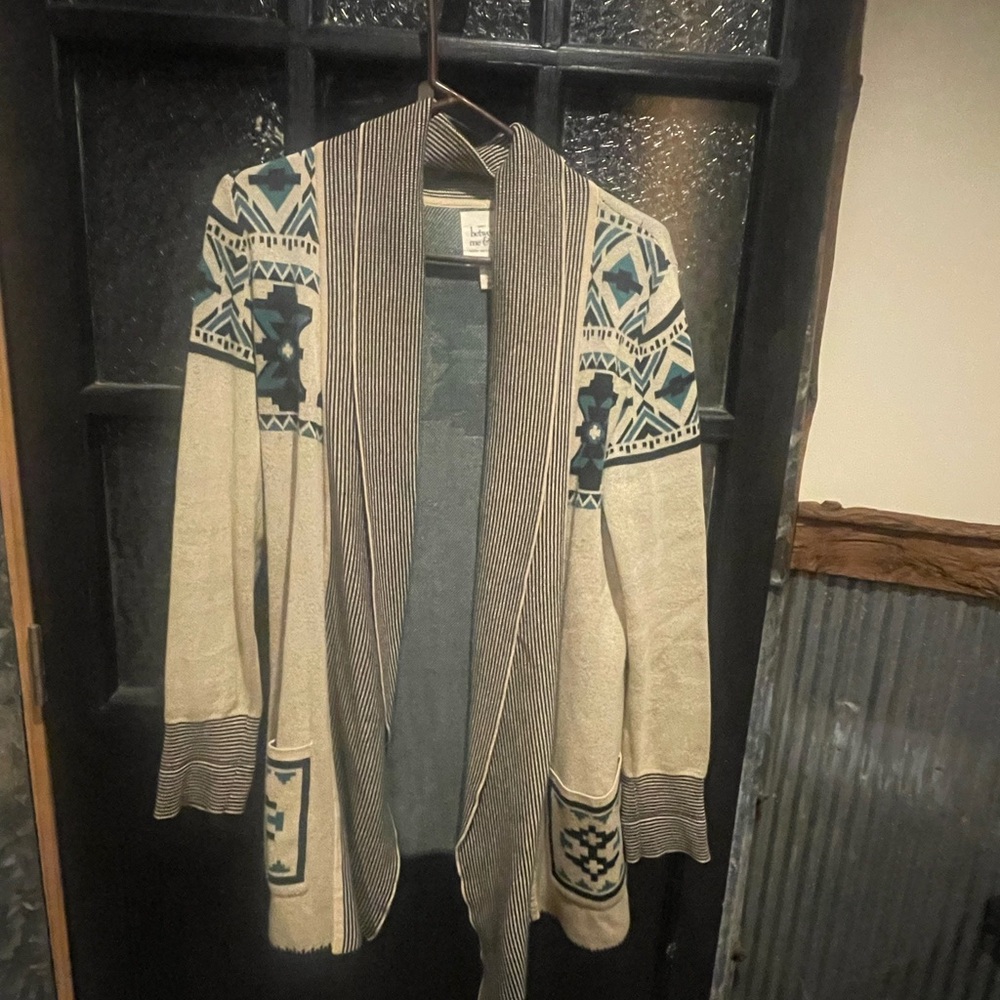 Beige And Teal Patterned Open-Front Cardigan Swea… - image 1